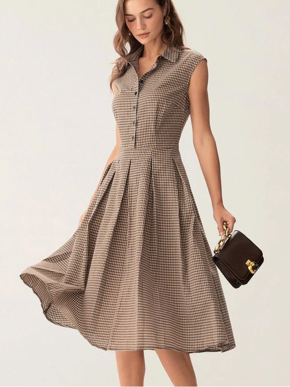 Rihoas NWT Brown Plaid Button Down Pleated Midi Dress S